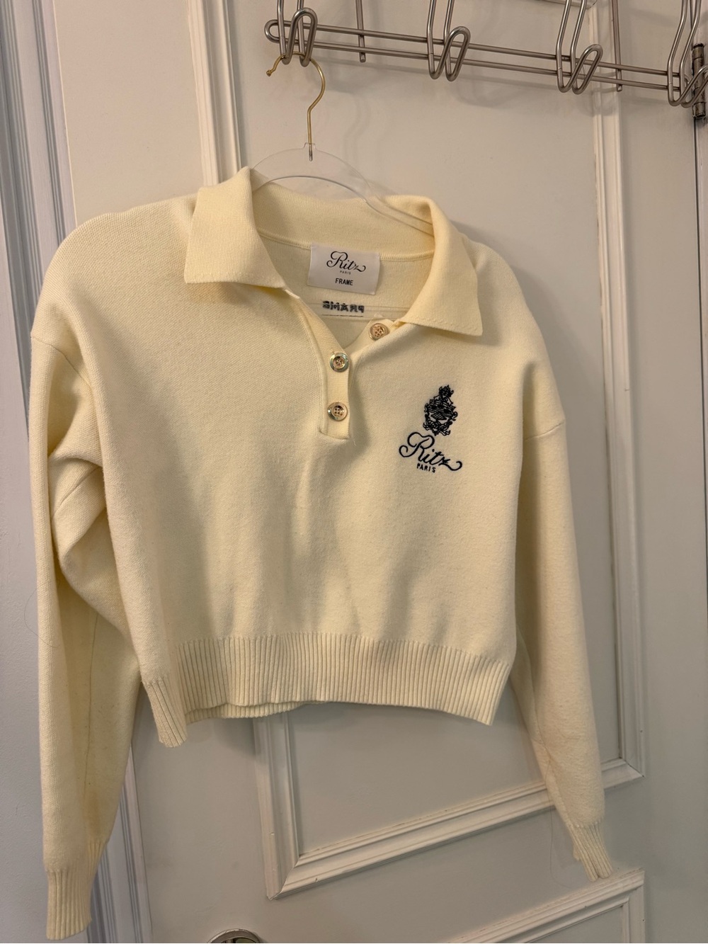 Frame Denim Cream Polo Knit Sweater with Embroidered Crest